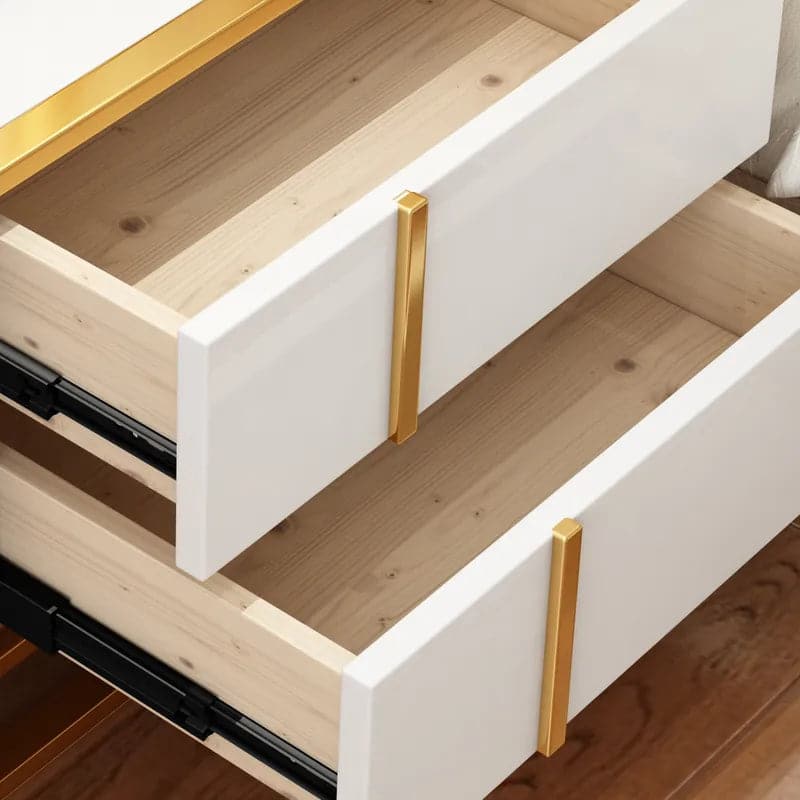 White Lacquer Nightstand with 2 Drawers Stainless Steel in Gold