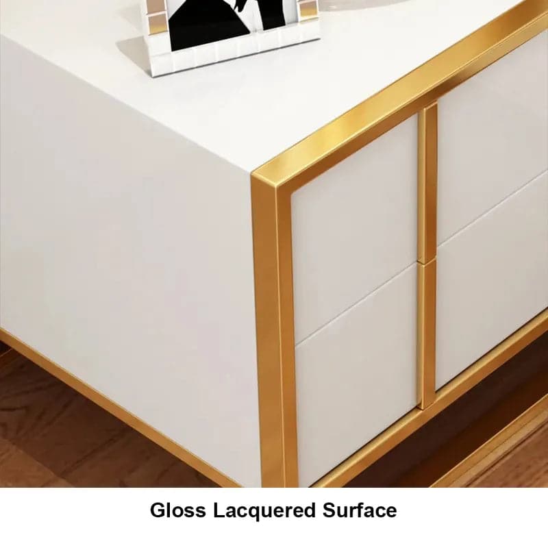 White Lacquer Nightstand with 2 Drawers Stainless Steel in Gold