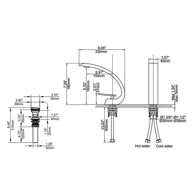 Single Hole 1-Handle Bathroom Sink Faucet Curved Spout with Pop Up Drain