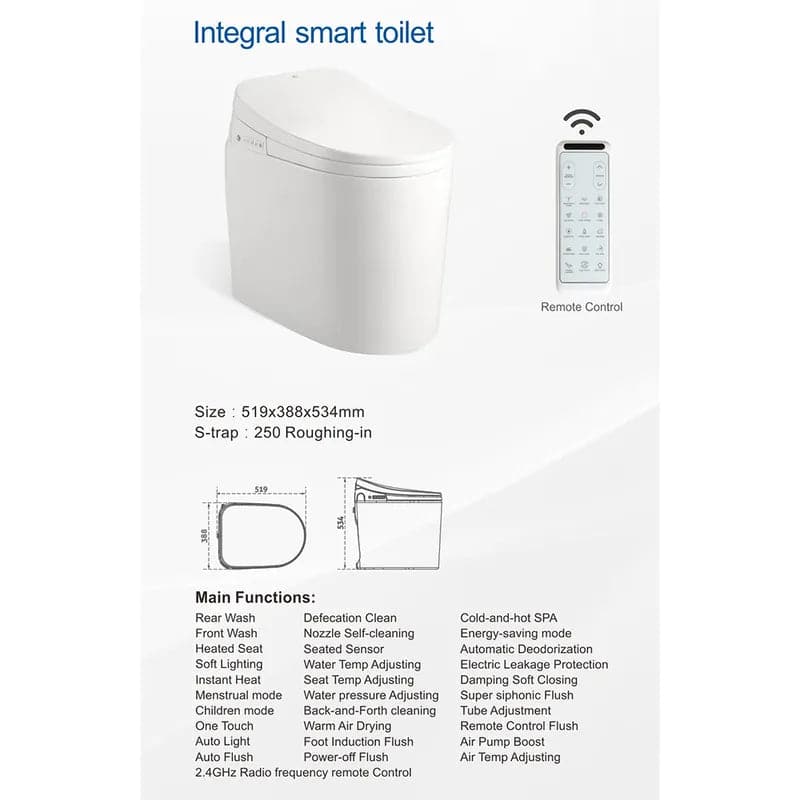 Toilettes intelligentes de petite taille, monobloc allongées, automatiques, montées au sol, autonettoyantes