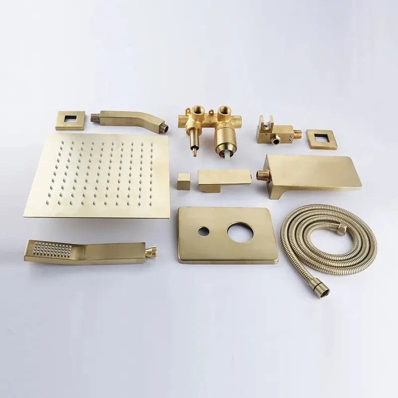 SolidBrassWallMount10RainshowerHandShower_TubSpoutShowerSystem#Brushed Gold