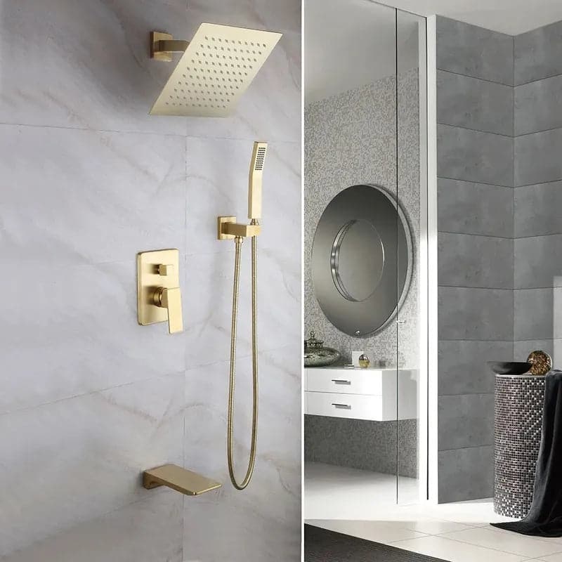 SolidBrassWallMount10RainshowerHandShower_TubSpoutShowerSystem#Brushed Gold