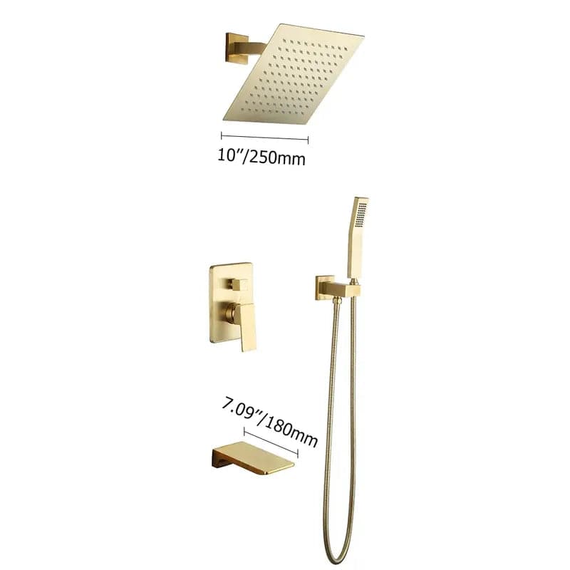 SolidBrassWallMount10RainshowerHandShower_TubSpoutShowerSystem#Brushed Gold