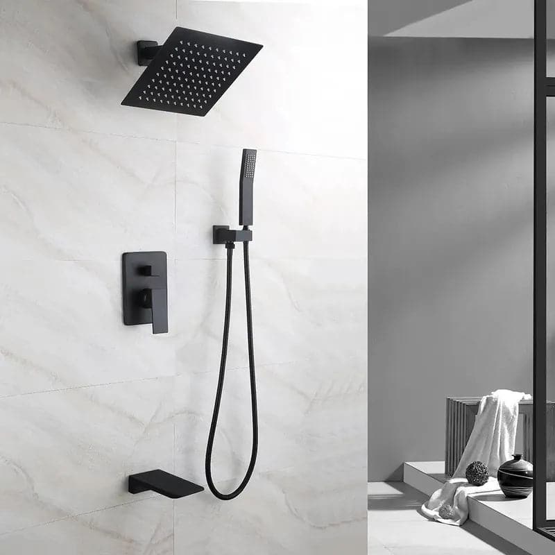 SolidBrassWallMount10RainshowerHandShower_TubSpoutShowerSystem#Black