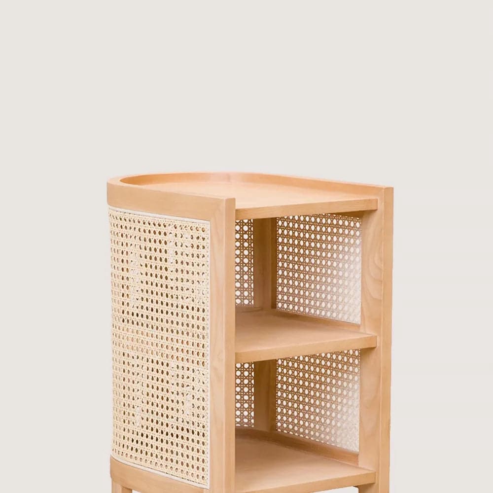 Solid Wood Nightstand Semi-Circle Natural Rattan Bedside Table with Open Shelves
