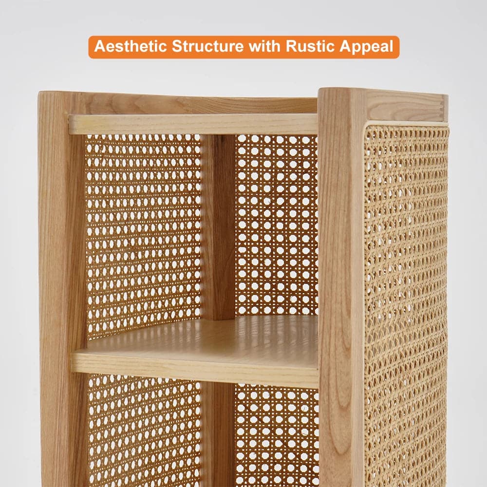 Solid Wood Nightstand Semi-Circle Natural Rattan Bedside Table with Open Shelves