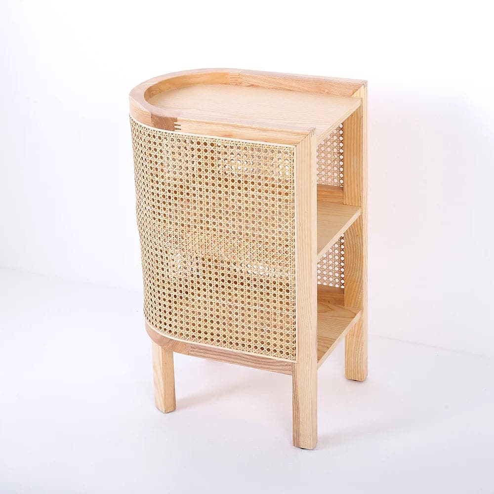 Solid Wood Nightstand Semi-Circle Natural Rattan Bedside Table with Open Shelves