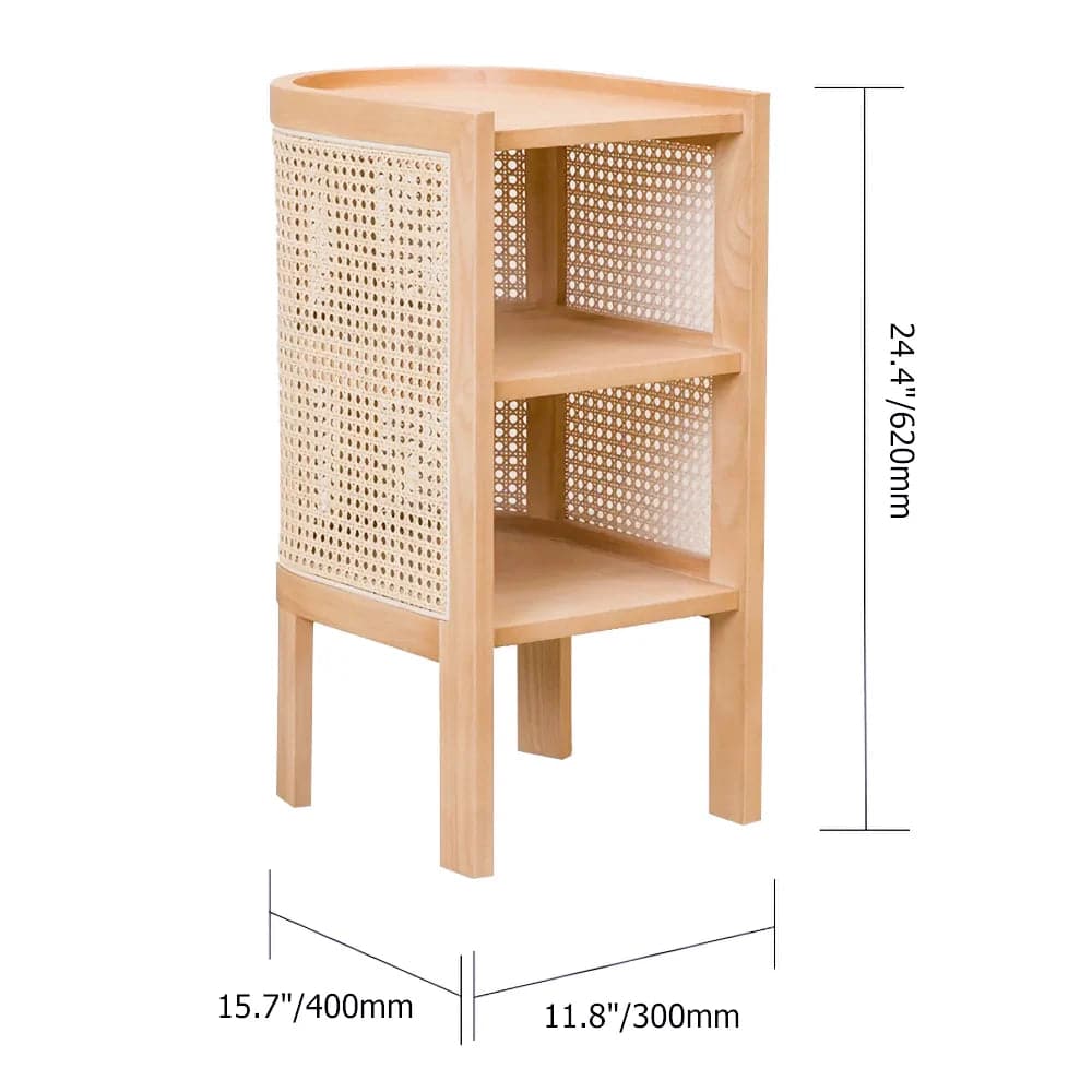 Solid Wood Nightstand Semi-Circle Natural Rattan Bedside Table with Open Shelves