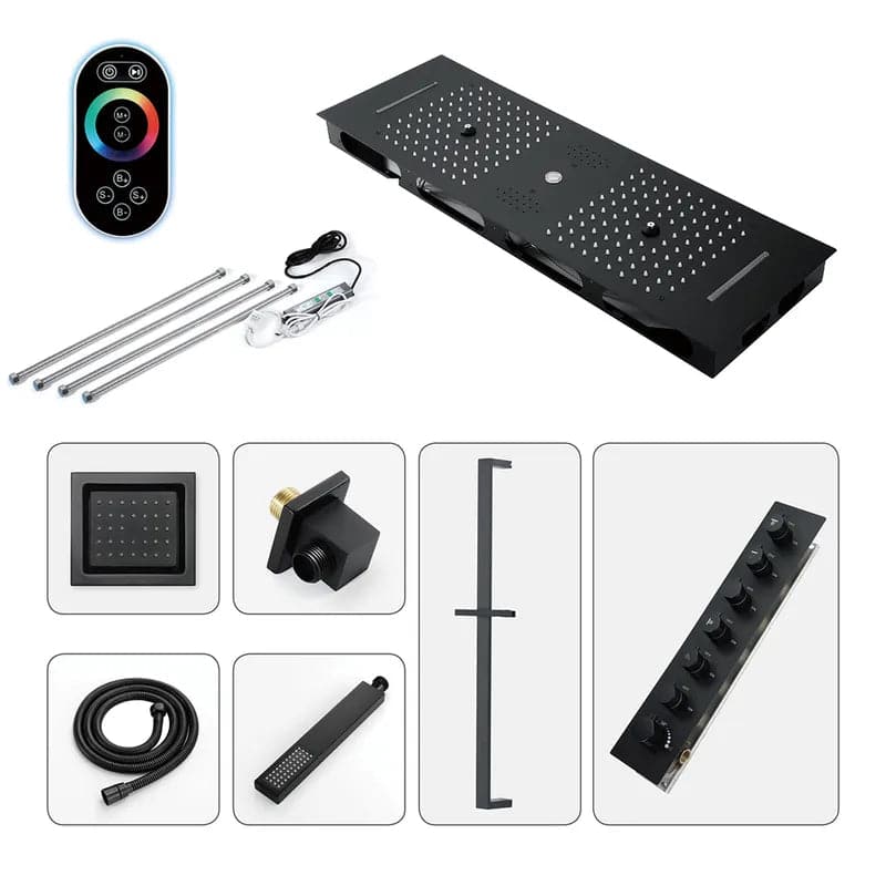 Thermostatic Rain Shower System 6 Functions Massage Music Remote Controlled LED in Black