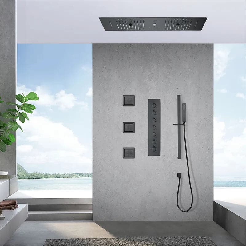 Thermostatic Rain Shower System 6 Functions Massage Music Remote Controlled LED in Black