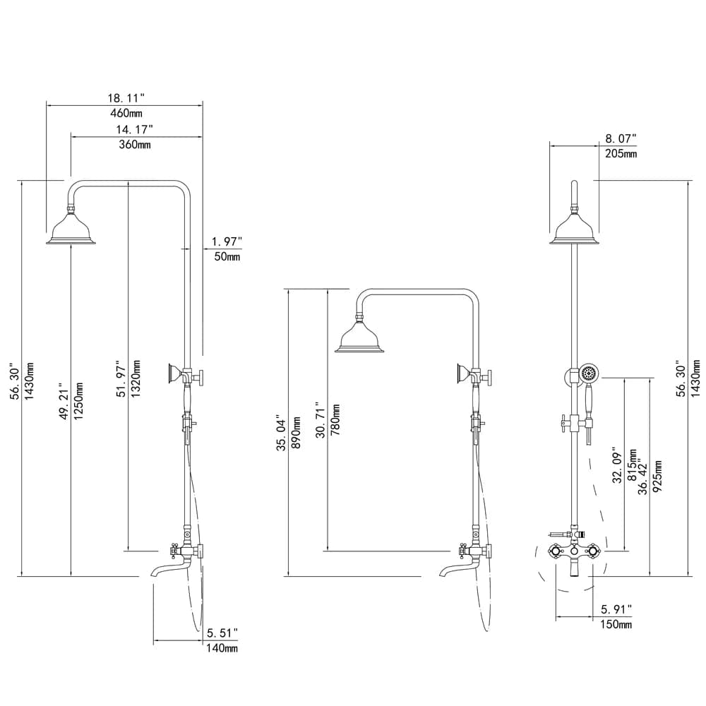 Système de douche à main pour salle de bain Vintage, système de douche à effet de pluie exposé, noir Antique