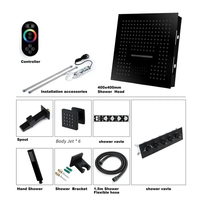 Wall-Mounted 16 Inches Shower System in Black 4 Function Thermostatic