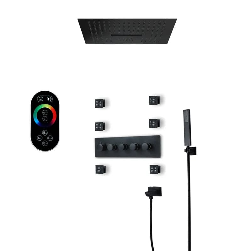 Wall-Mounted 16 Inches Shower System in Black 4 Function Thermostatic