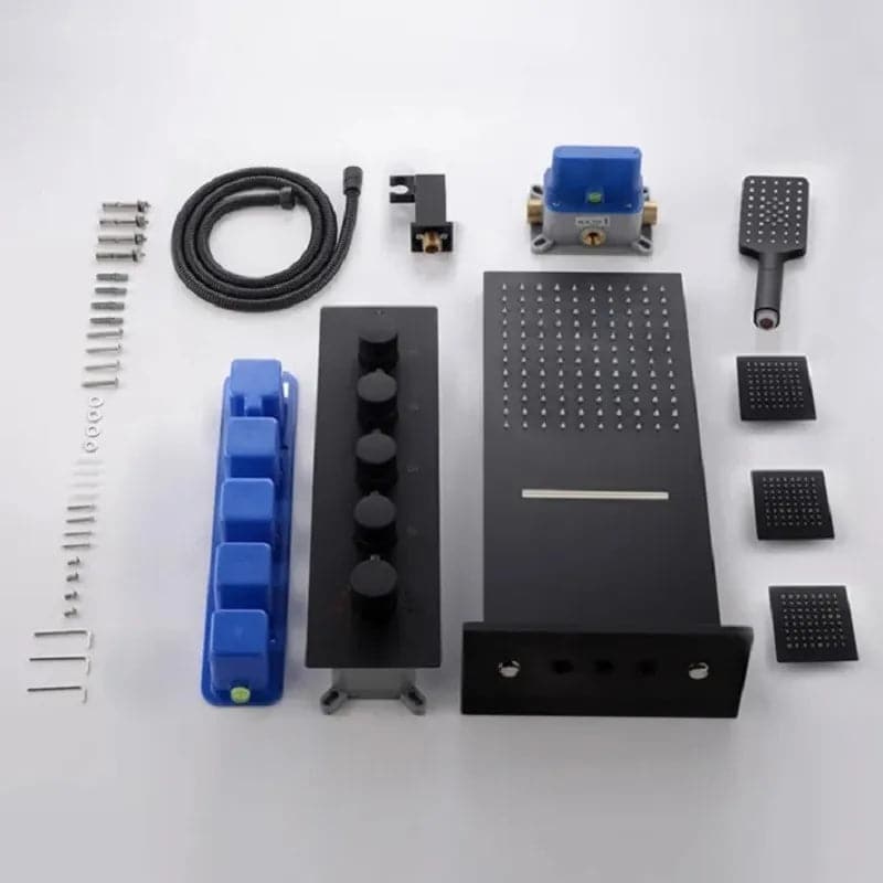 Wall Mounted Waterfall Rain Shower System with 3 Body Sprays in Matte Black Solid Brass