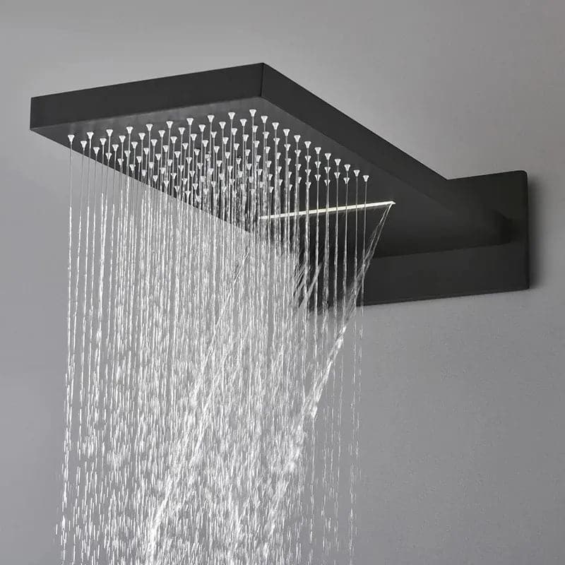 Wall Mounted Waterfall Rain Shower System with 3 Body Sprays in Matte Black Solid Brass
