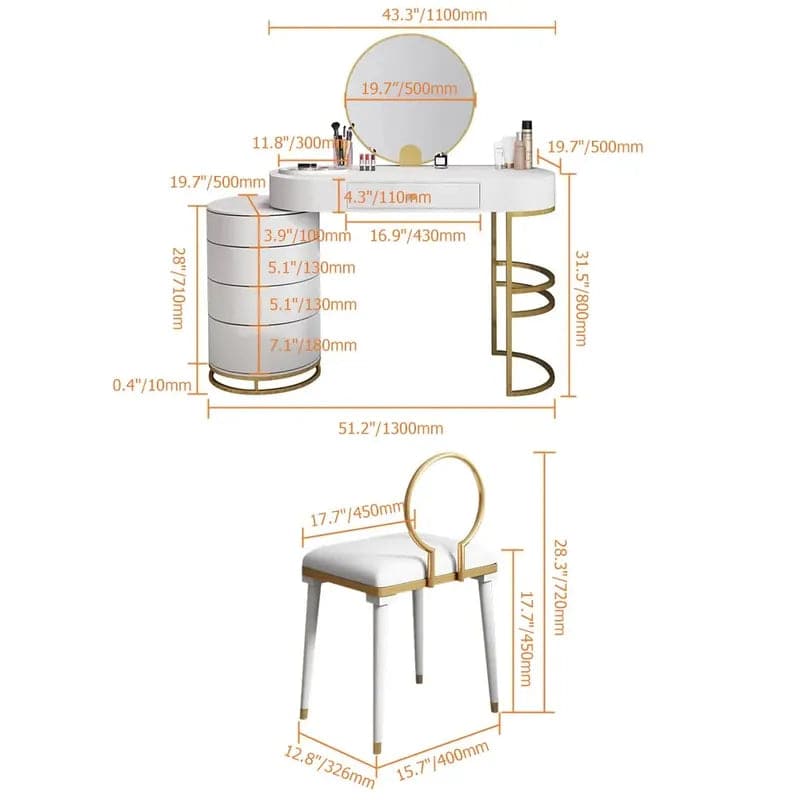 White Makeup Vanity Dressing Table with Swivel Cabinet Mirror and Stool Included#White