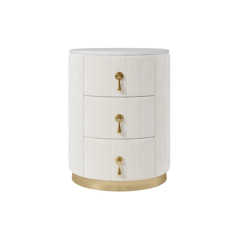 White Velvet Nightstand with Storage Round Nightstand with 3 Drawers Stone Top
