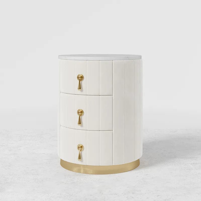 White Velvet Nightstand with Storage Round Nightstand with 3 Drawers Stone Top
