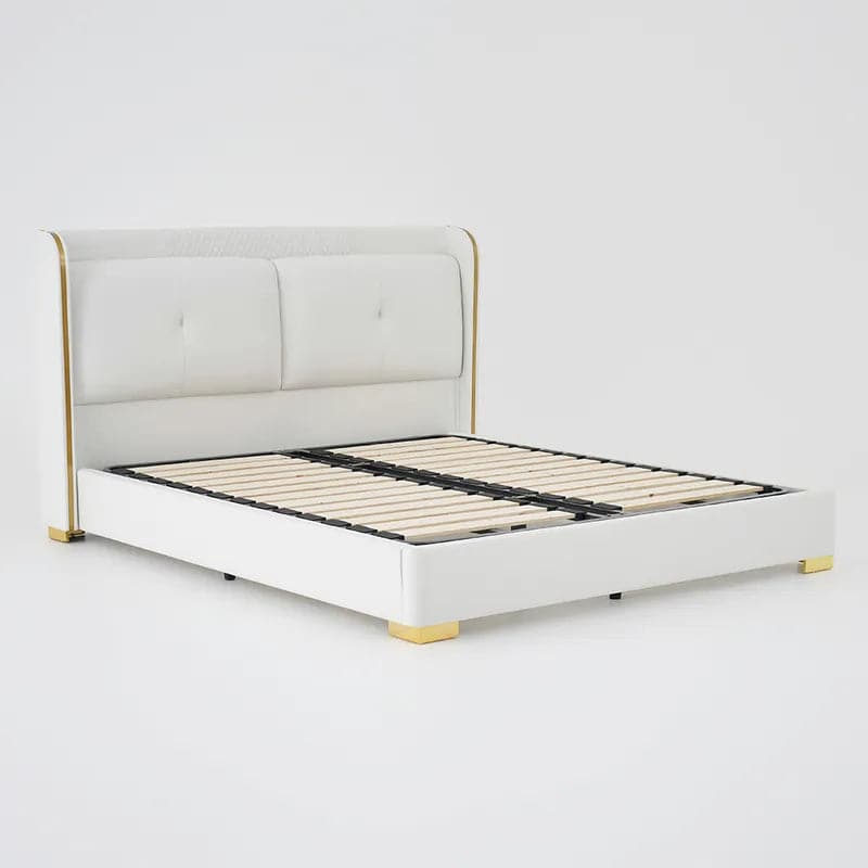 White Wingback King Bed with Faux Leather Upholstered Headboard & Wood Slats