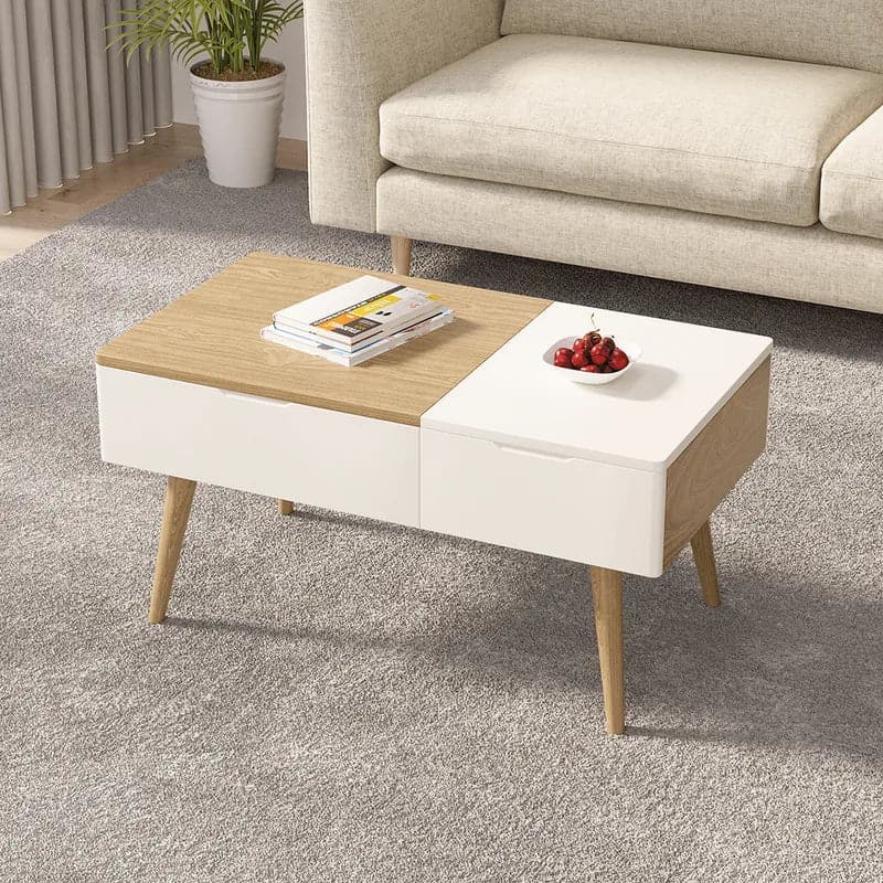 Table basse rectangulaire en bois blanc et naturel avec tiroir, table de rangement relevable 