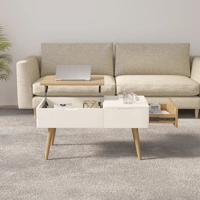 Table basse rectangulaire en bois blanc et naturel avec tiroir, table de rangement relevable 
