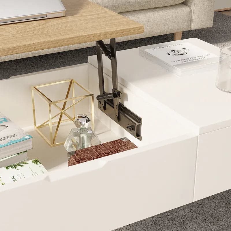 Table basse rectangulaire en bois blanc et naturel avec tiroir, table de rangement relevable 