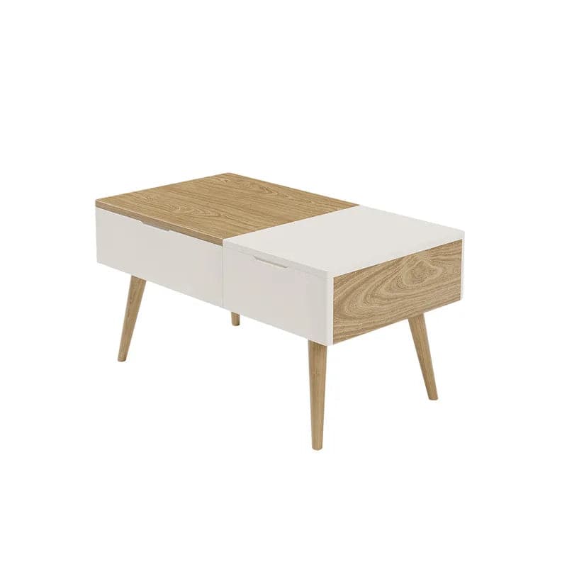 Table basse rectangulaire en bois blanc et naturel avec tiroir, table de rangement relevable 