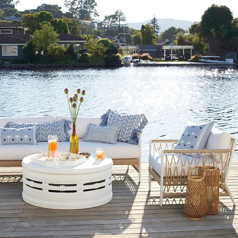 Fauteuil d'appoint d'extérieur en corde tissée avec coussin en polyester blanc