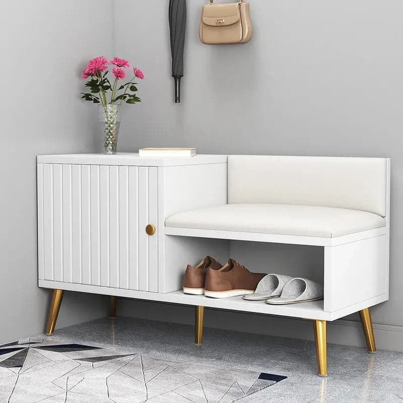 Yellar White/Gray Modern Upholstered Shoe Rack Bench with Storage Cabinet Entryway#White-M