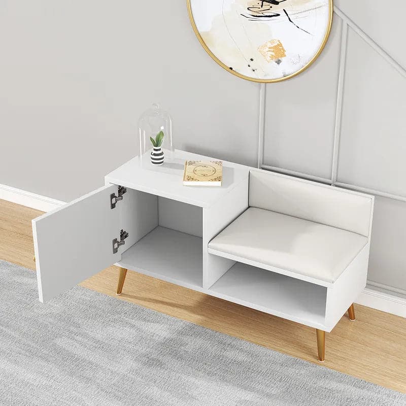 Yellar White/Gray Modern Upholstered Shoe Rack Bench with Storage Cabinet Entryway#White-M