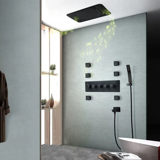 Wall-Mounted 23 Inch Thermostatic Shower System in Black 4 Functions #Black