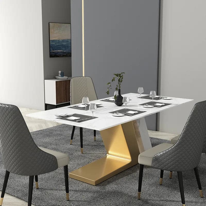 Table de salle à manger blanche moderne 63"/71"/79" pour 8 rectangles en pierre frittée et piédestal en acier inoxydable