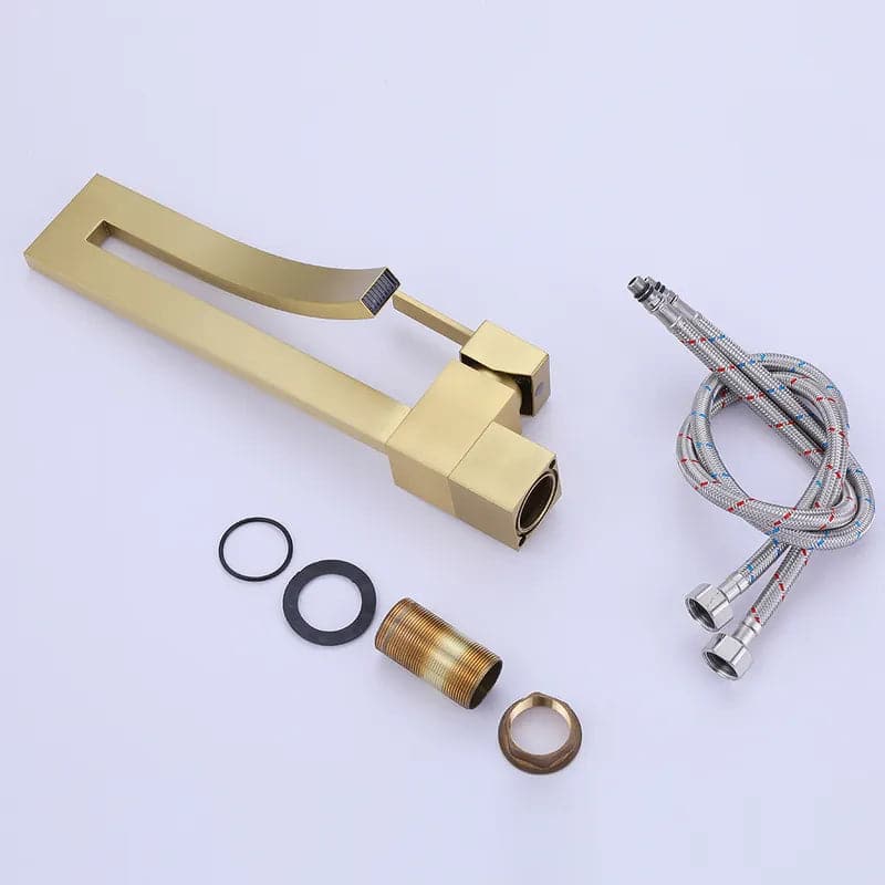 BrushedGoldWaterfallBathroomSinkFaucetSingleHoleSingleHandleBrassModernStyle#Brushed Gold